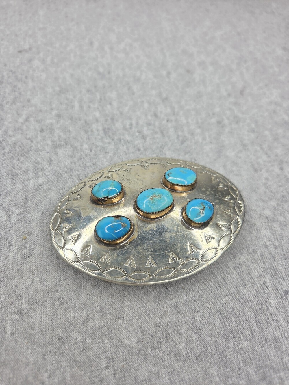 Vintage Handmade Southwestern Turquoise Belt Buckle Silver Sawtooth Bezel